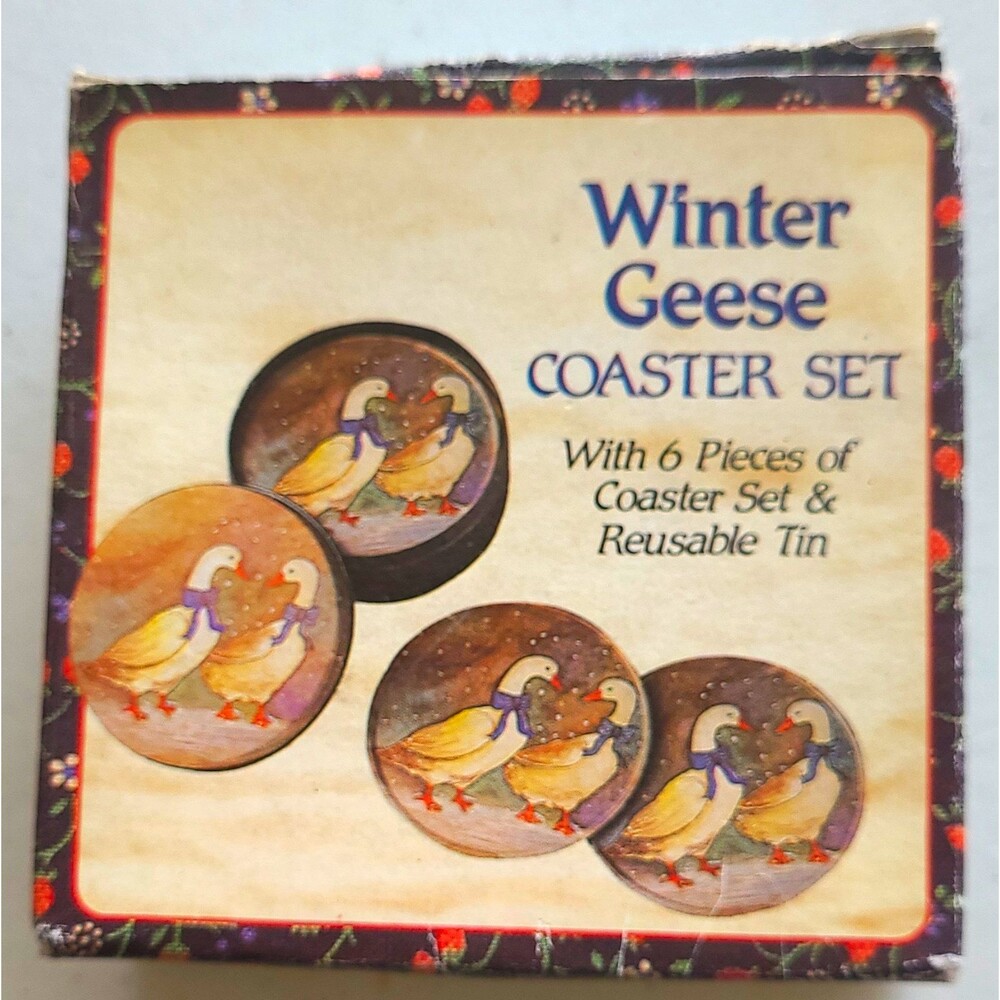 Vintage Winter Geese 6-Pack Round Cork-Backed Coaster Set w/ Reusable Tin 4 in